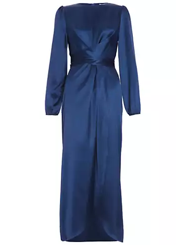 Navy Satin Wrap Maxi Dress with Long Sleeve by Quiz | Look Again