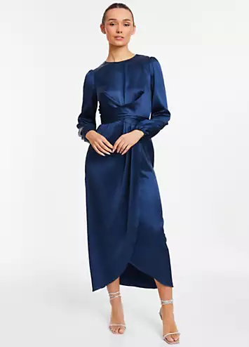 Navy Satin Wrap Maxi Dress with Long Sleeve by Quiz | Look Again