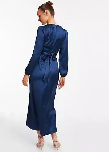 Navy Satin Wrap Maxi Dress with Long Sleeve by Quiz | Look Again