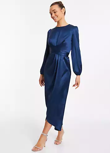 Navy Satin Wrap Maxi Dress with Long Sleeve by Quiz | Look Again