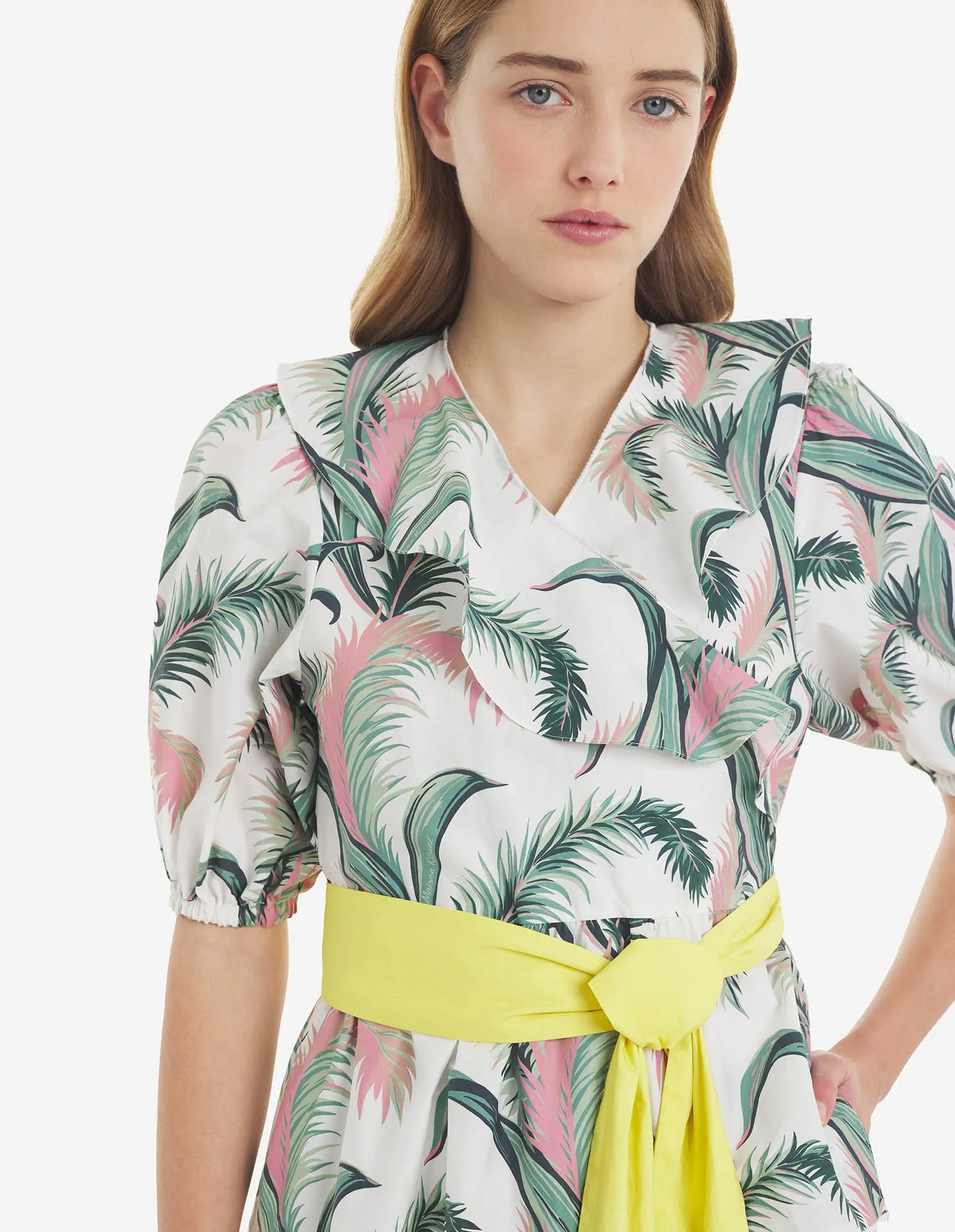 Palm Frond Print Wrap Mini Dress Multico Design