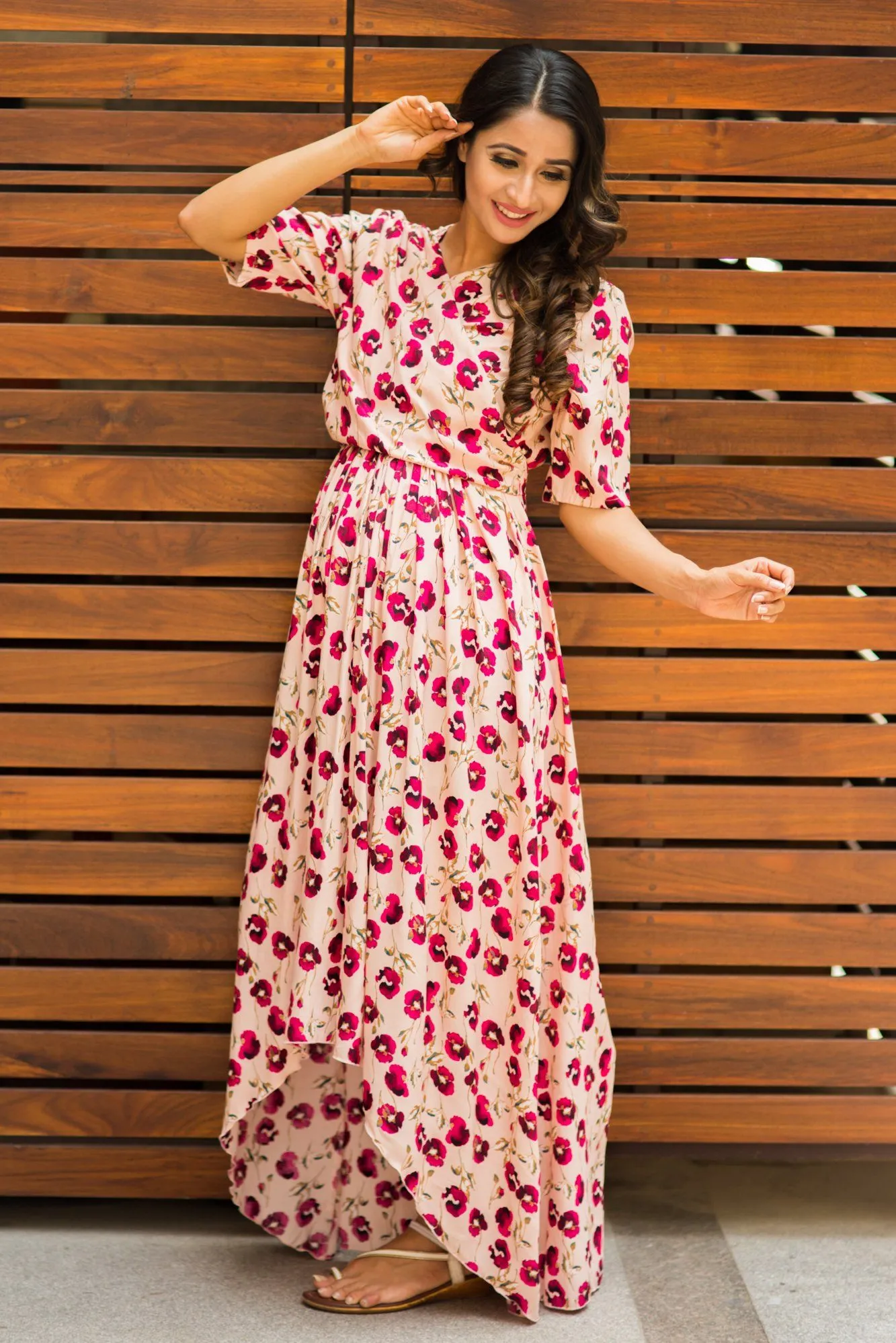 Peach Floral Hi-Low Maternity & Nursing Wrap Dress