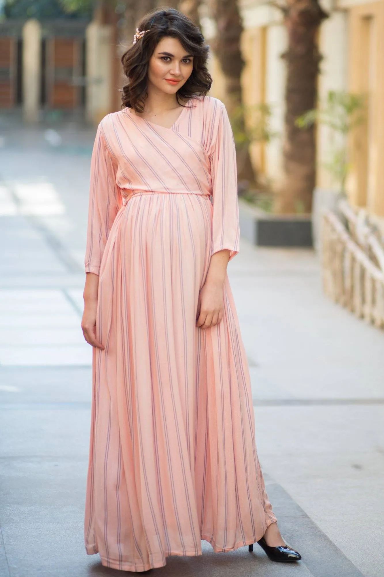 Peach Striped Maternity & Nursing Wrap Dress