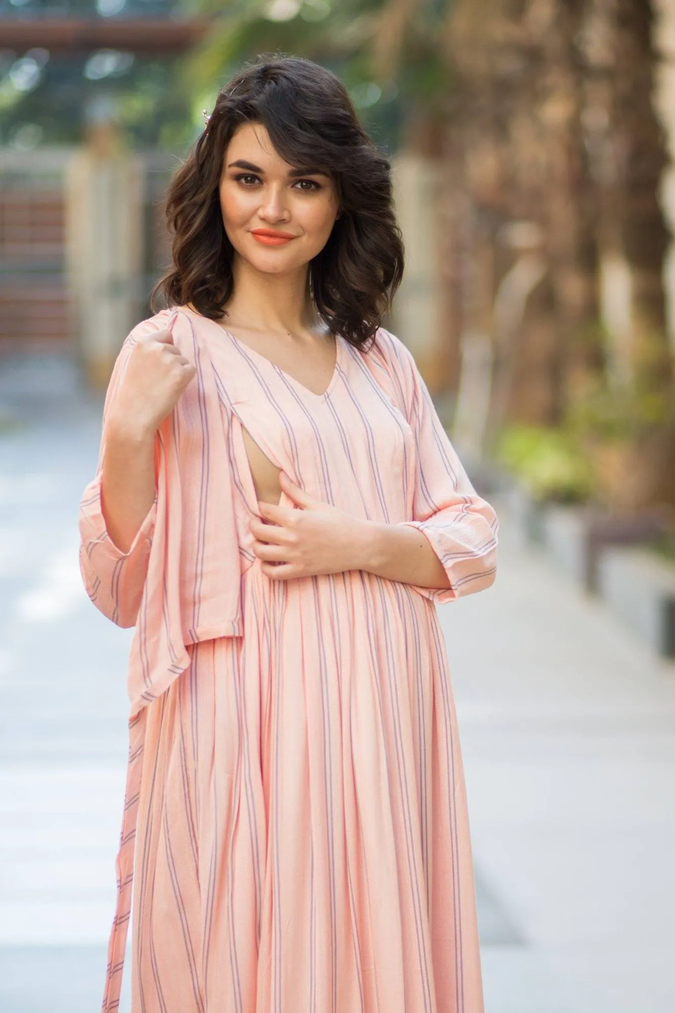 Peach Striped Maternity & Nursing Wrap Dress