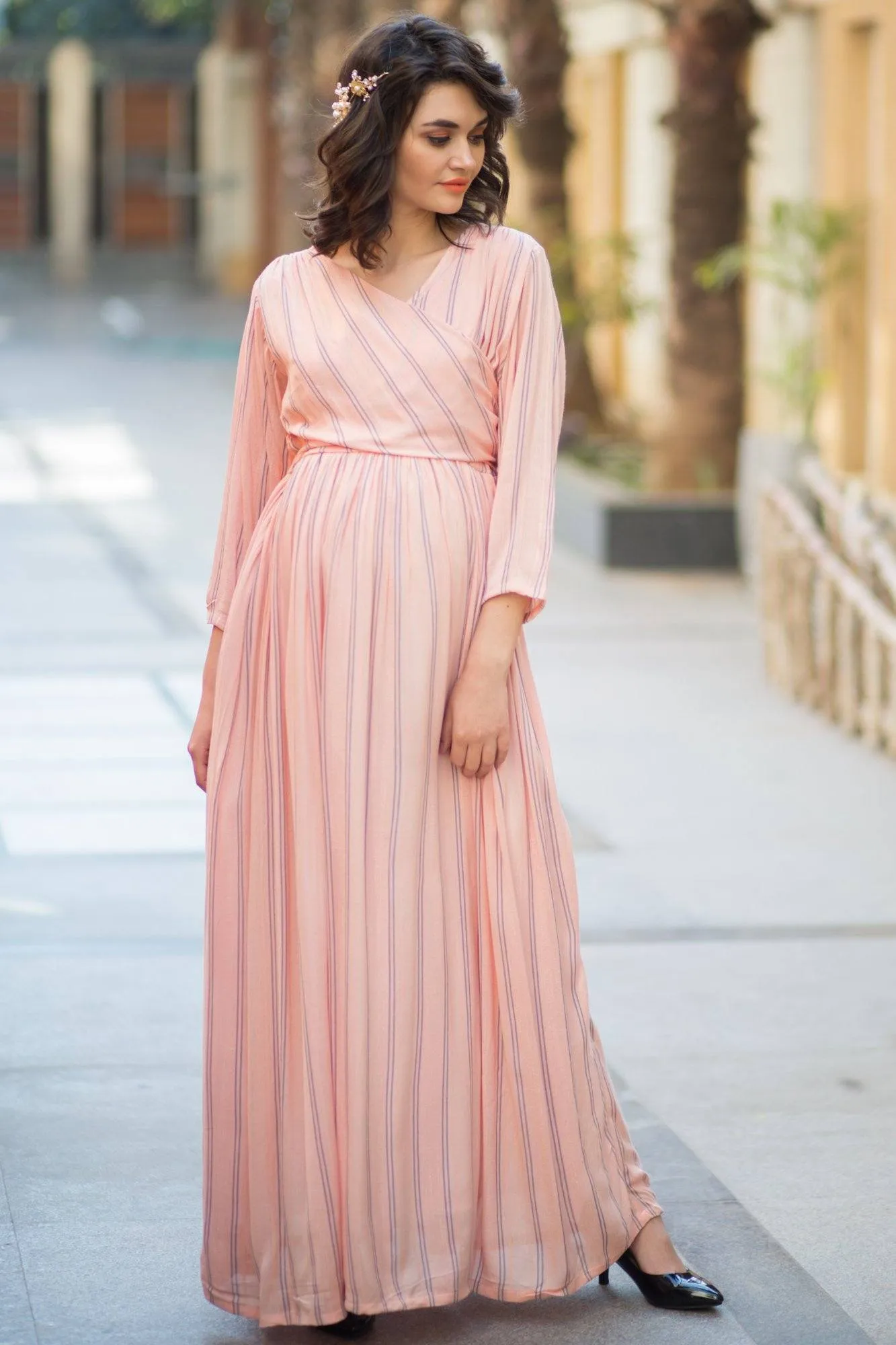 Peach Striped Maternity & Nursing Wrap Dress