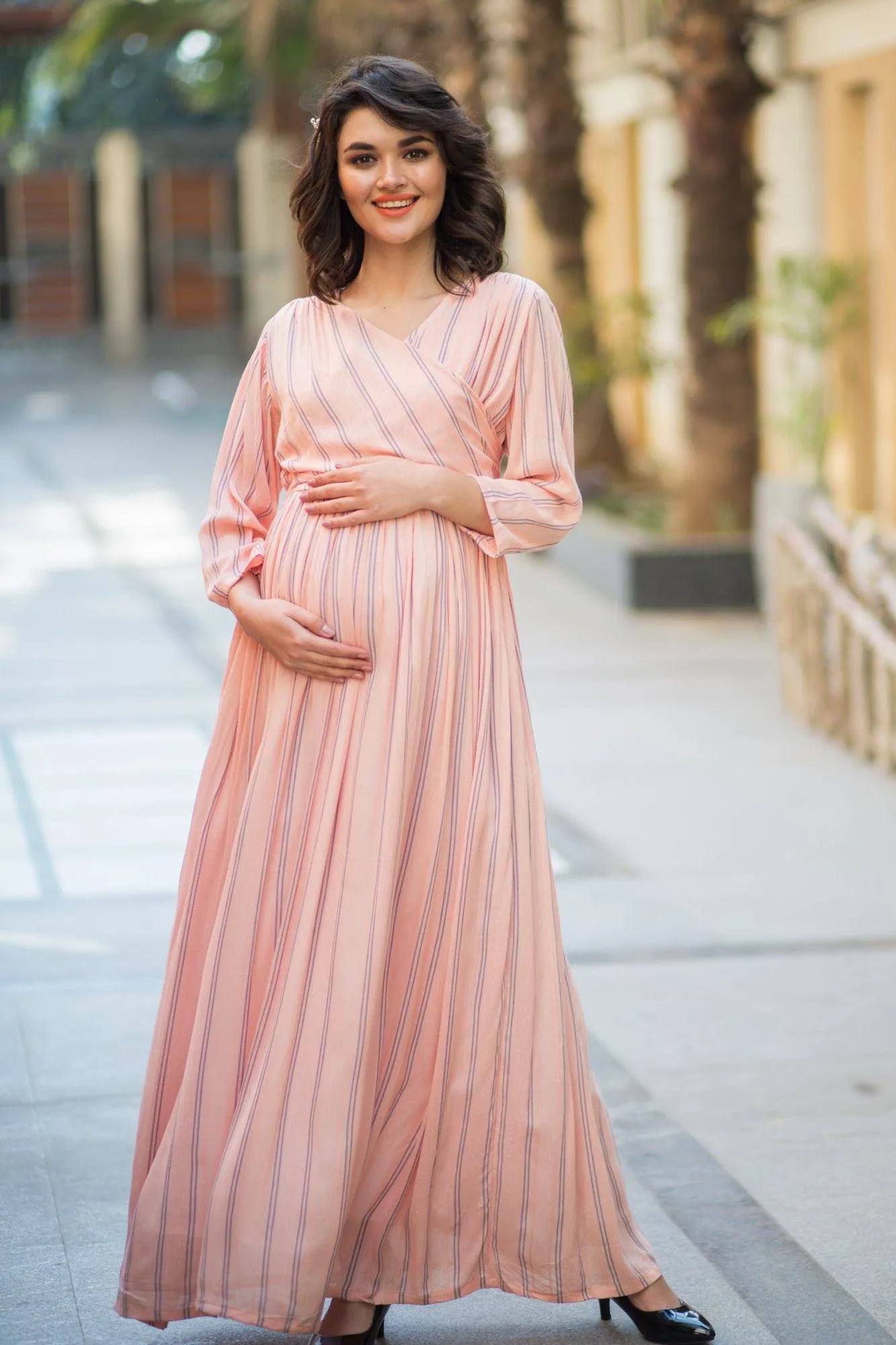 Peach Striped Maternity & Nursing Wrap Dress