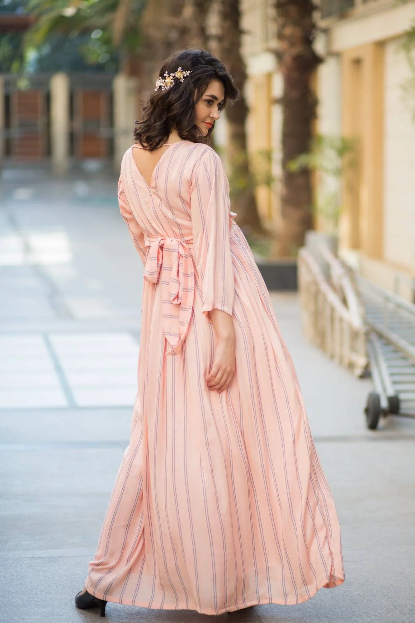 Peach Striped Maternity & Nursing Wrap Dress