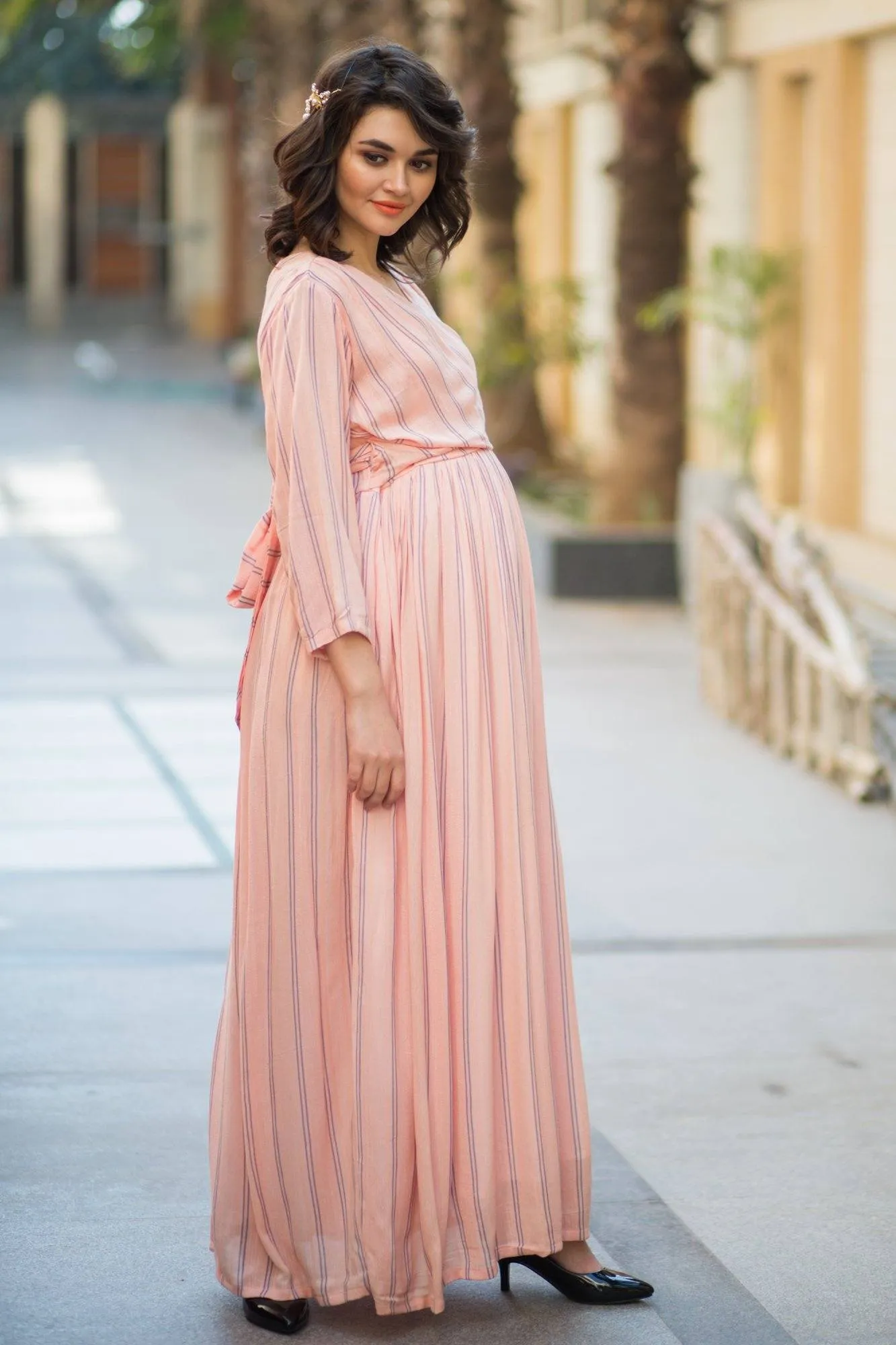 Peach Striped Maternity & Nursing Wrap Dress