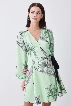 Petite Floral Hammered Satin Woven Wrap Mini Dress | Karen Millen