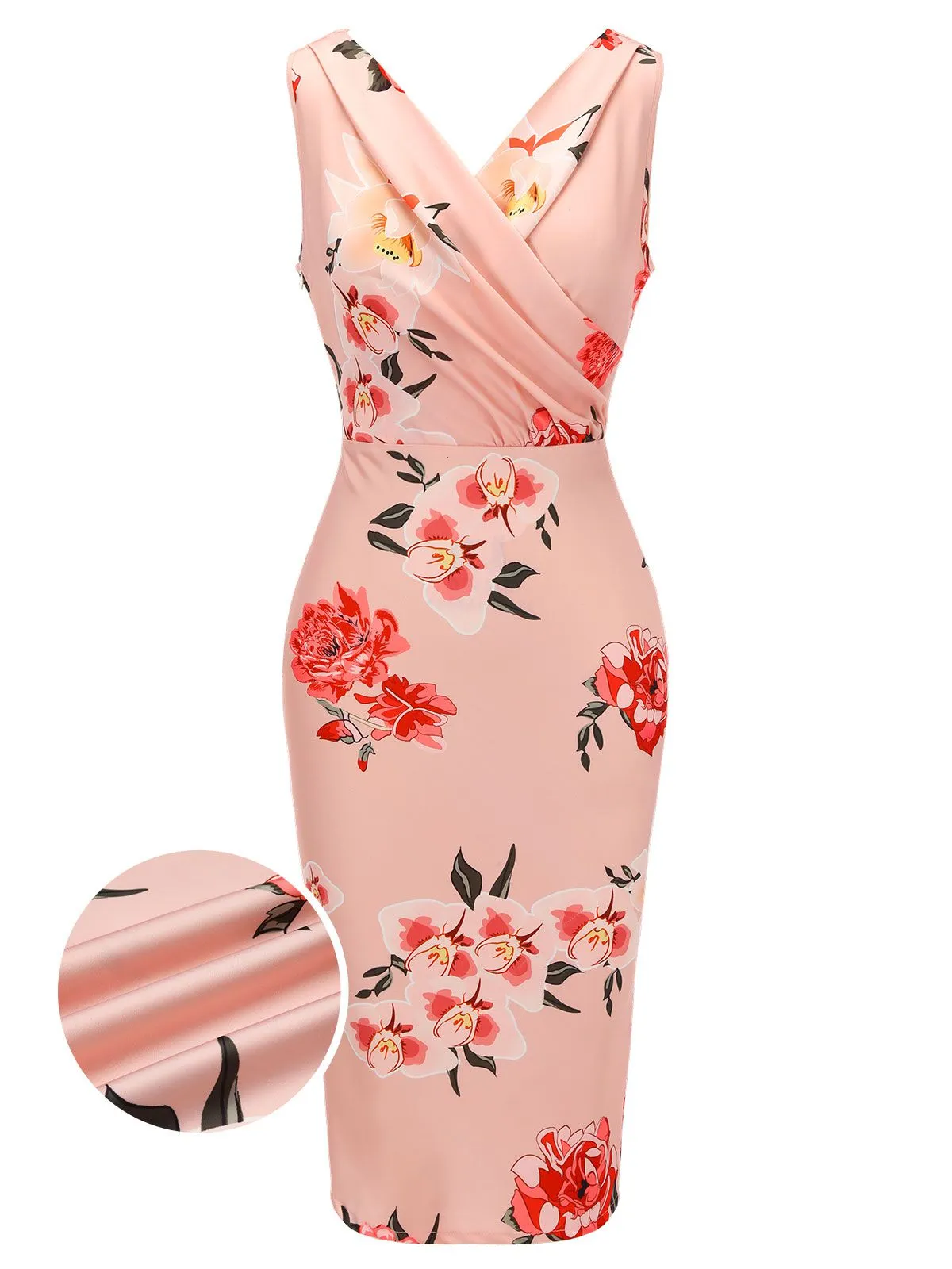 Pink 1950s V-neck Wrap Floral Pencil Dress