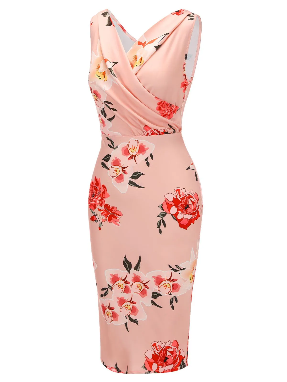 Pink 1950s V-neck Wrap Floral Pencil Dress