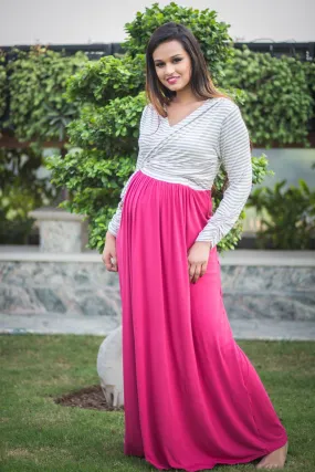 Pink Blush & Grey Striped Maternity And Nursing Wrap Dress