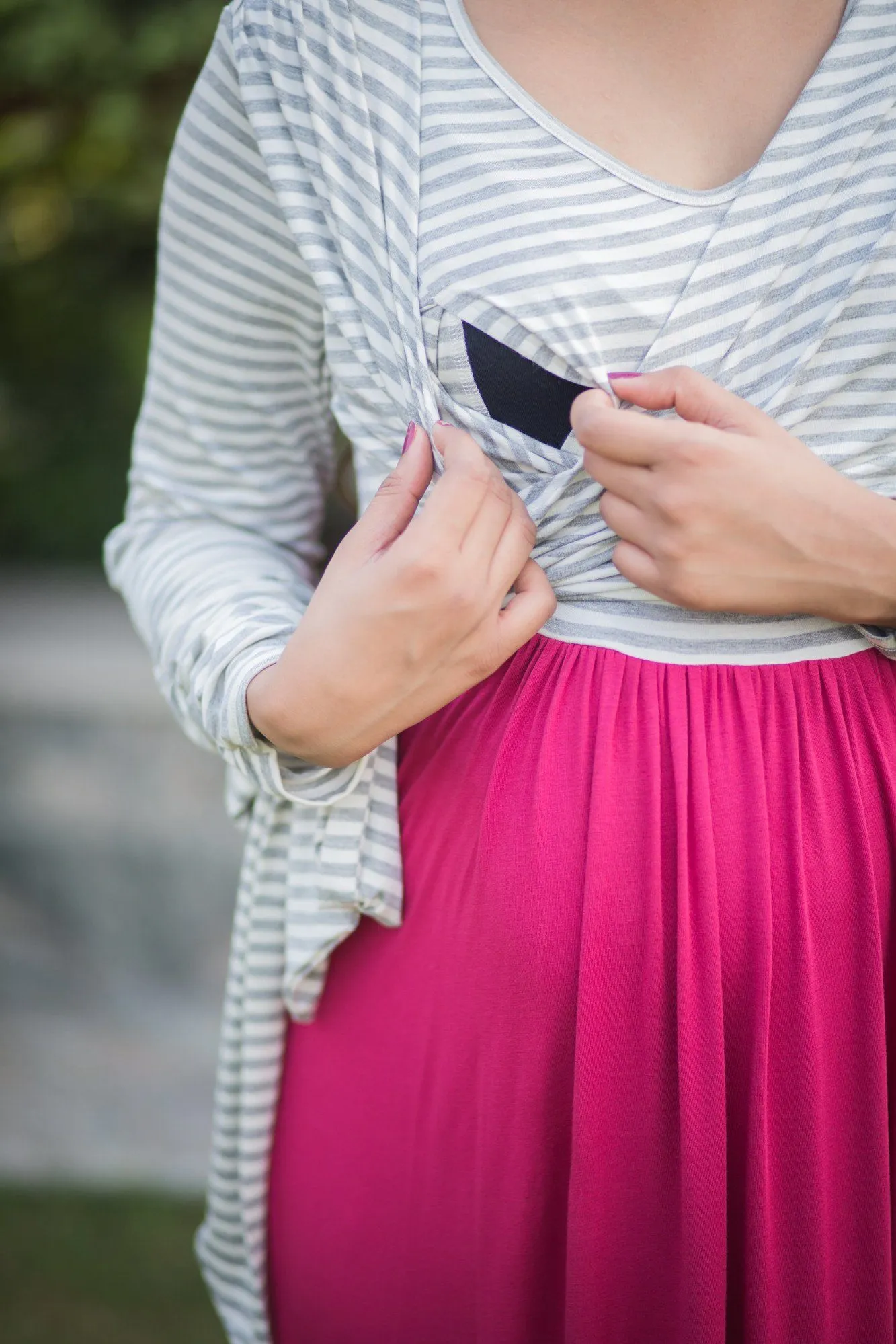 Pink Blush & Grey Striped Maternity And Nursing Wrap Dress