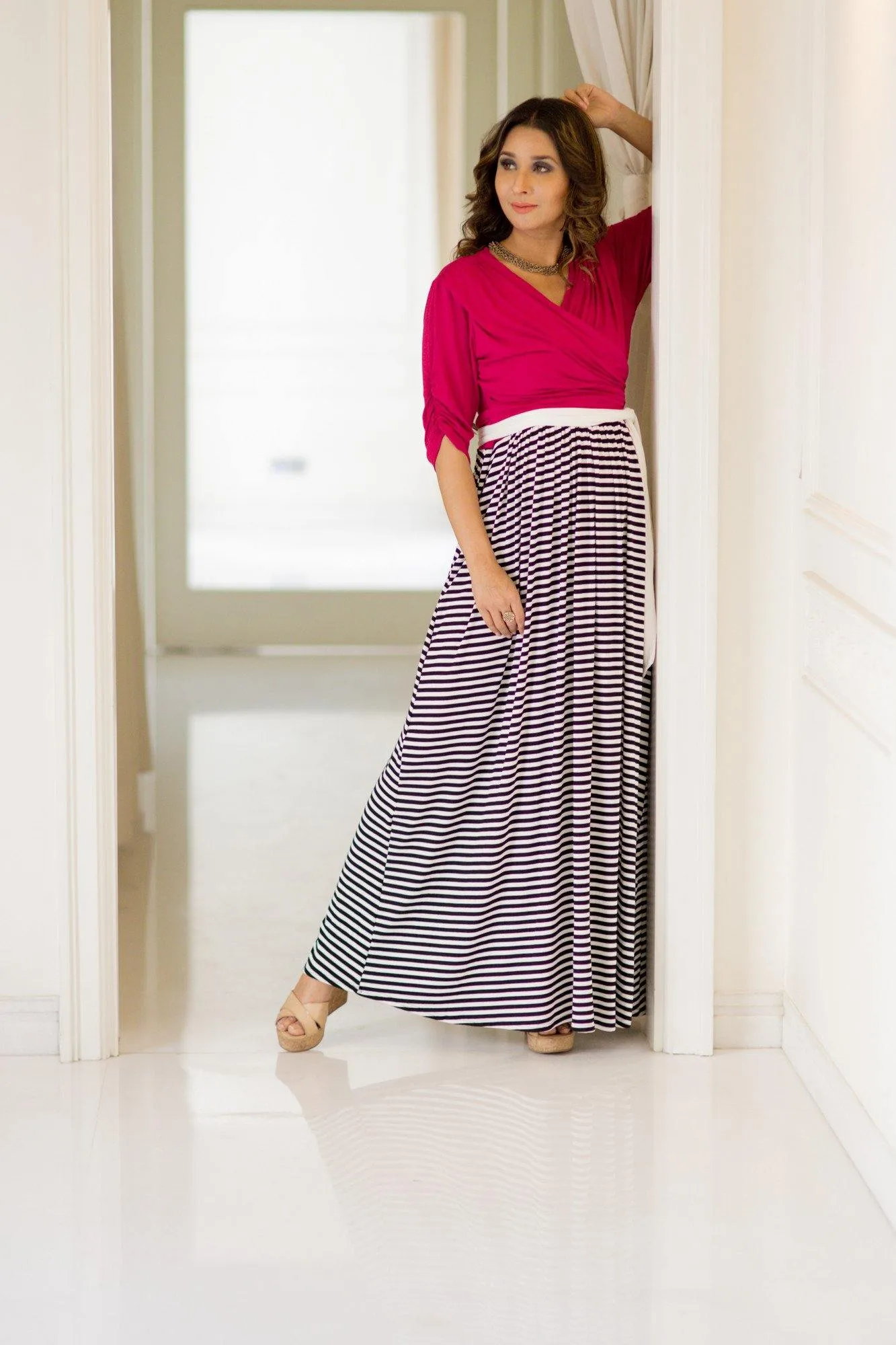 Pink Striped Maternity & Nursing Wrap Dress