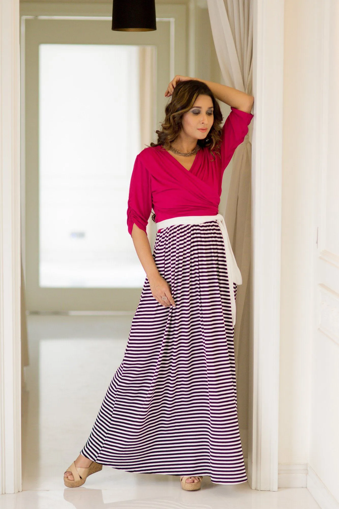 Pink Striped Maternity & Nursing Wrap Dress