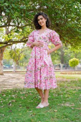 Pleasing Ivory Pinky Blossom Maternity & Nursing Frill Wrap Dress (100% Cotton)