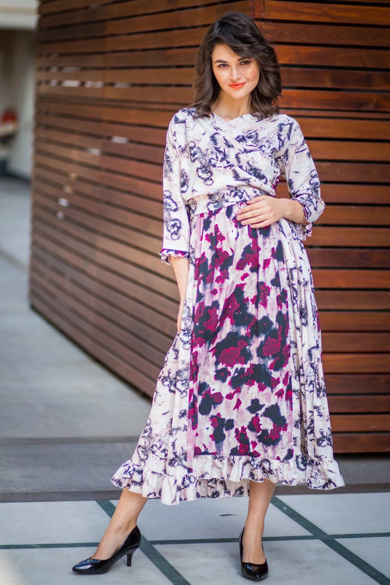 Plum Abstract Frill Maternity & Nursing Wrap Dress