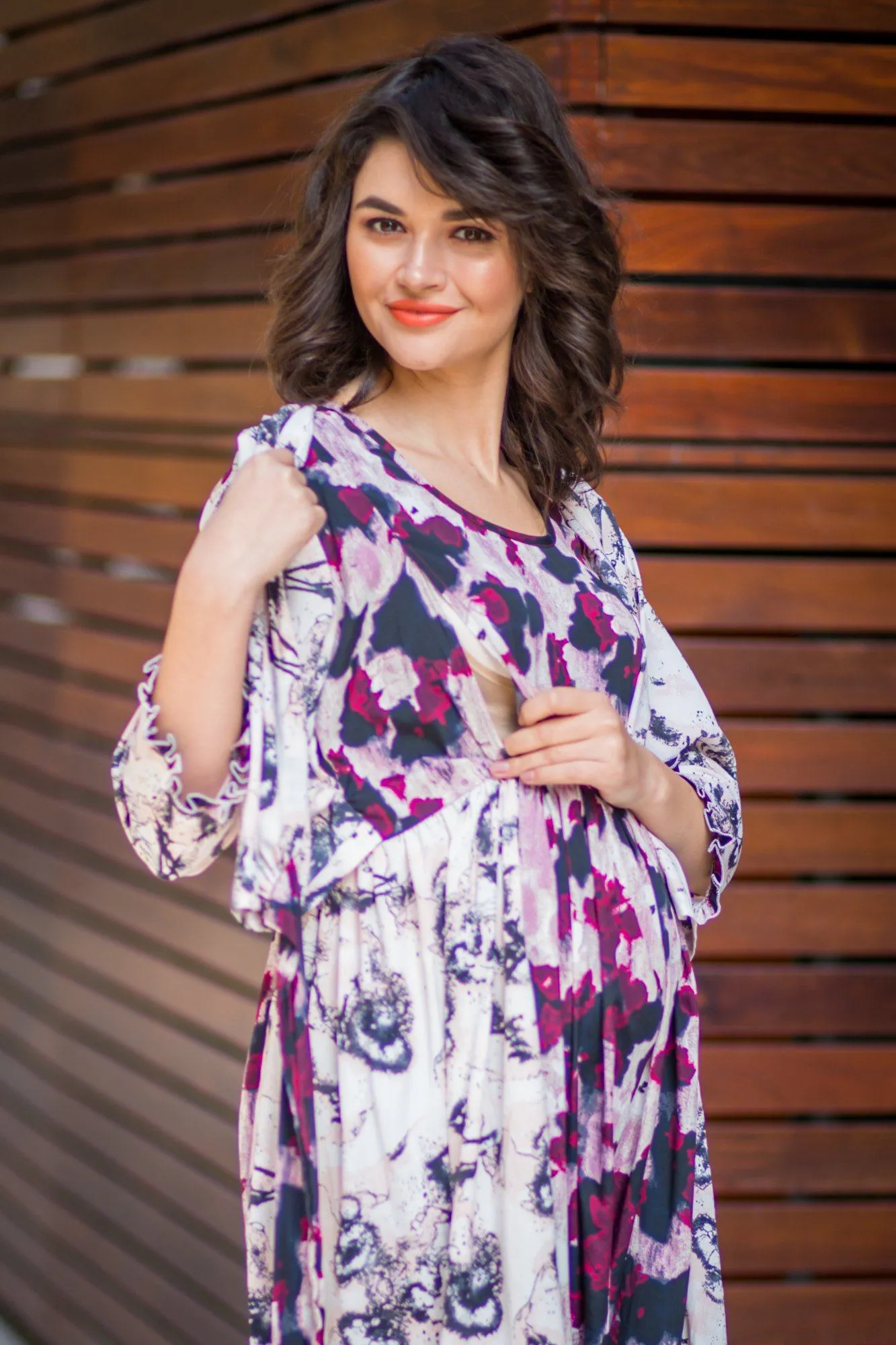 Plum Abstract Frill Maternity & Nursing Wrap Dress