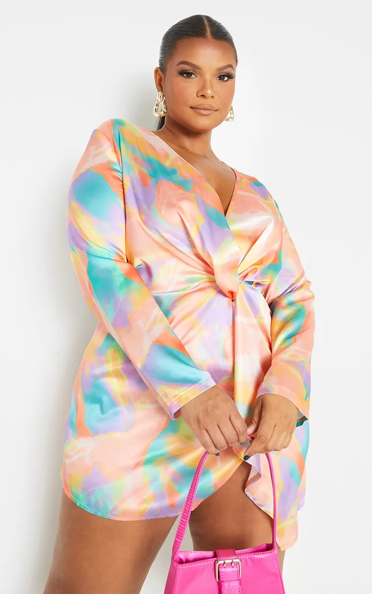 Plus Multi Abstract Satin Long Sleeve Wrap Dress