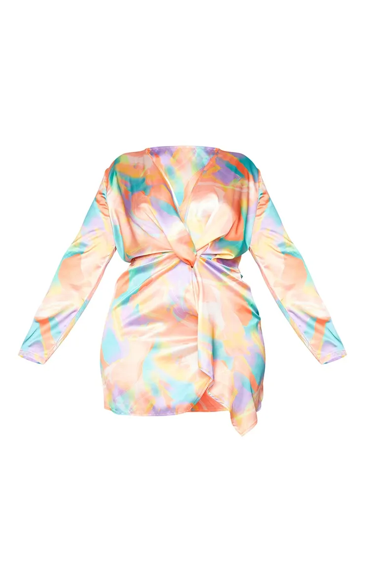 Plus Multi Abstract Satin Long Sleeve Wrap Dress