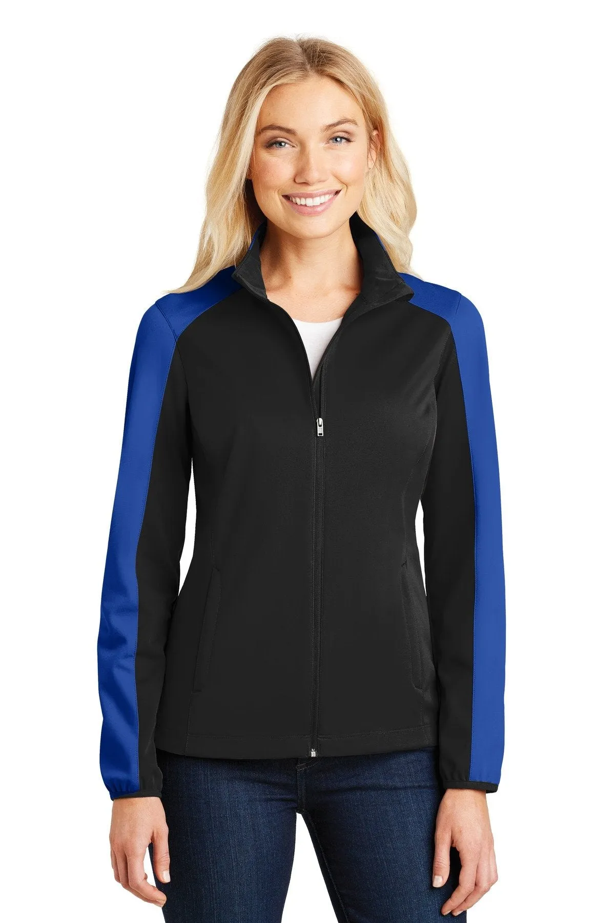 Port Authority Ladies Active Colorblock Soft Shell Jacket L718 Deep Black/ True Royal