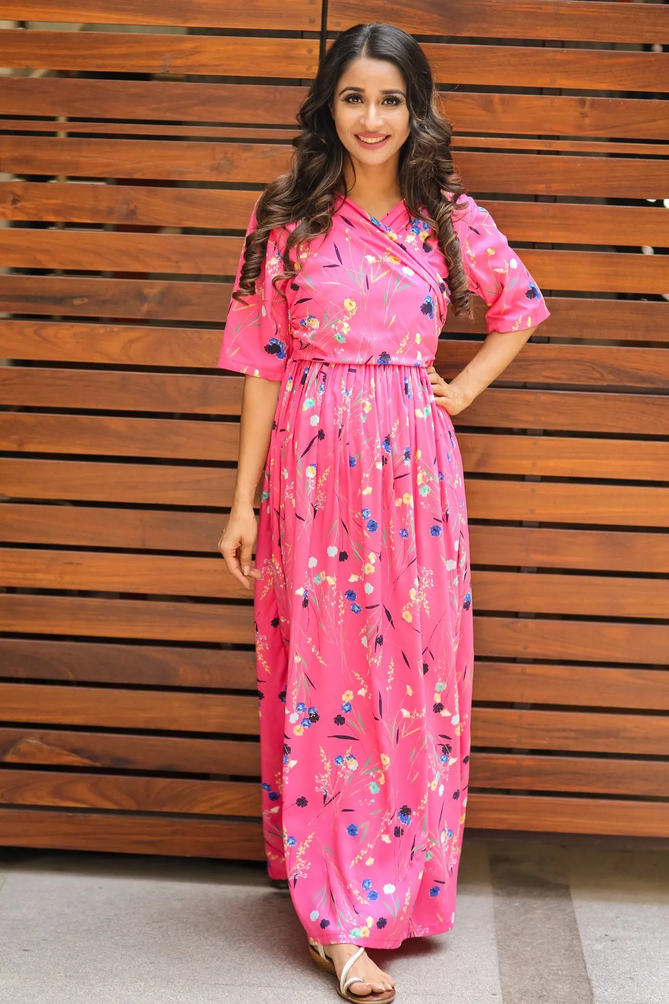 Pretty Spring Pink Maternity& Nursing Wrap Dress