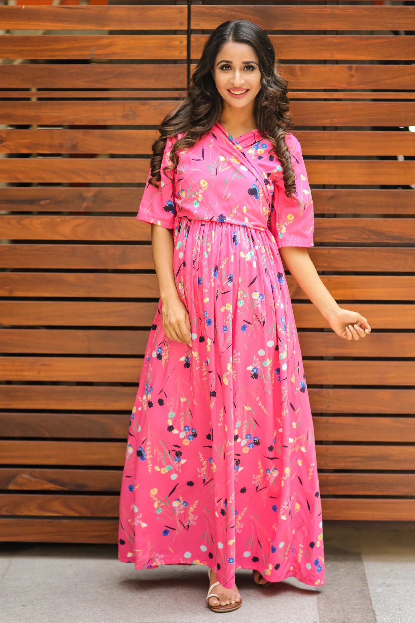 Pretty Spring Pink Maternity& Nursing Wrap Dress