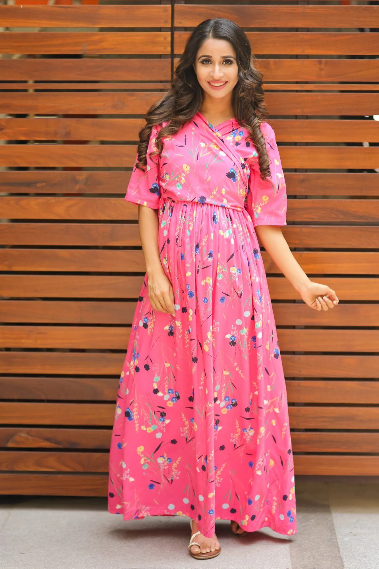 Pretty Spring Pink Maternity& Nursing Wrap Dress