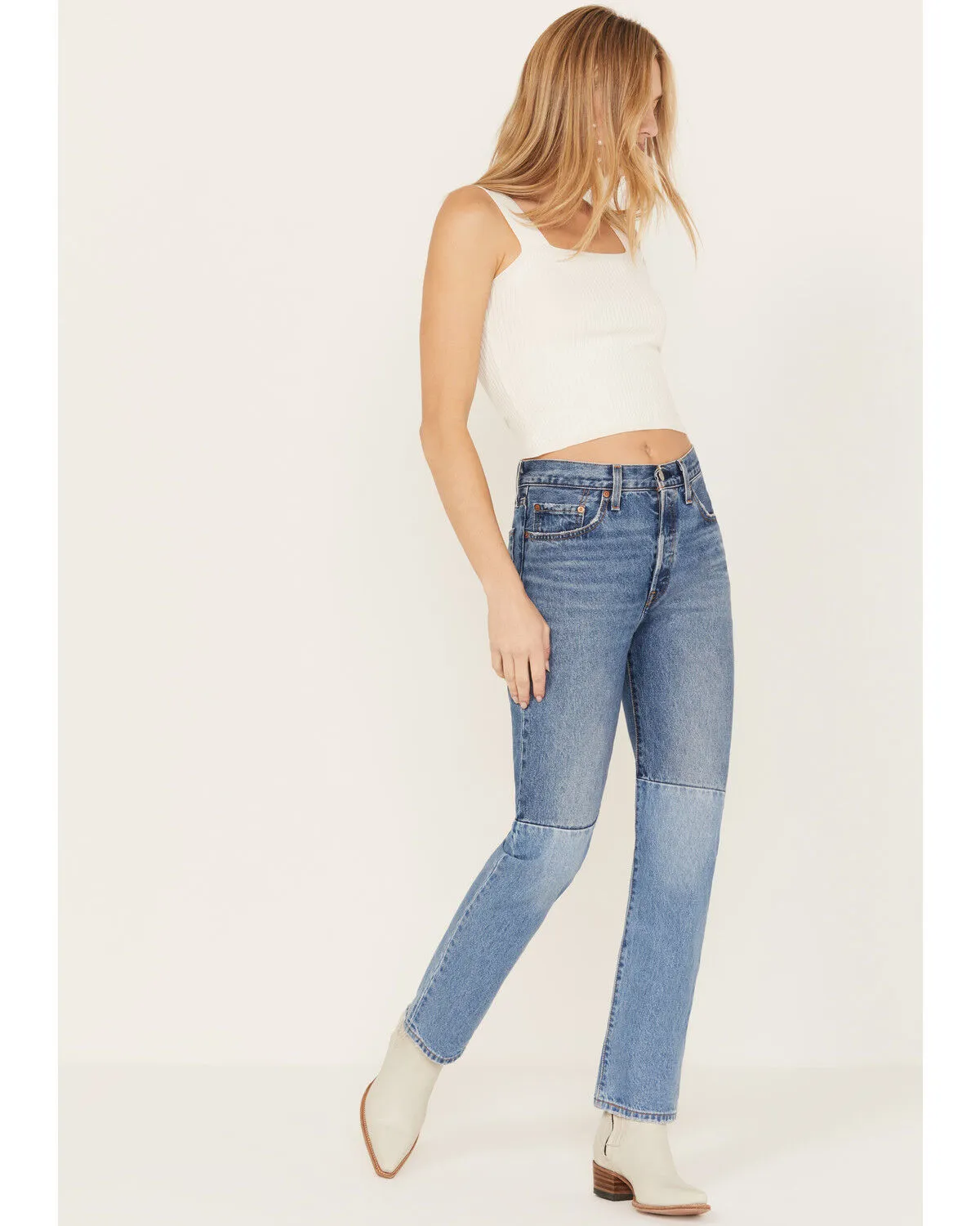 Product Name:  Levi's Women's Medium Wash 501 Pieced Destructed Jeans