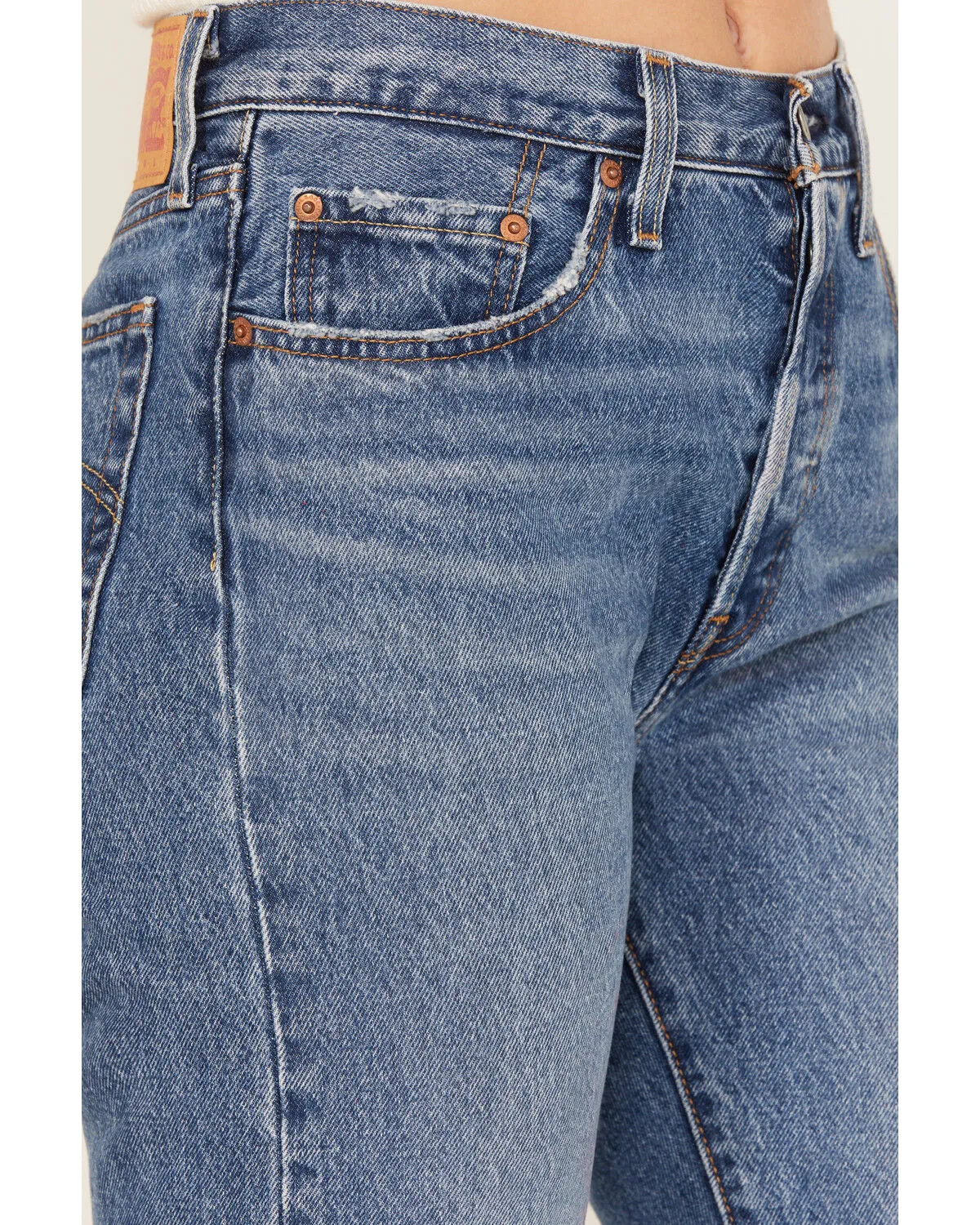 Product Name:  Levi's Women's Medium Wash 501 Pieced Destructed Jeans