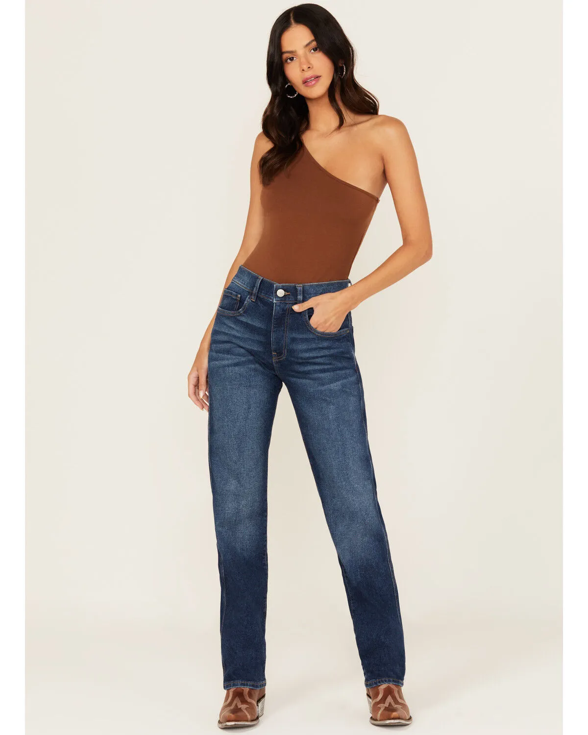 Product Name:  Warp + Weft Women's New Girl With An Old Soul Dark Wash High Rise Straight Leg Denim Jeans