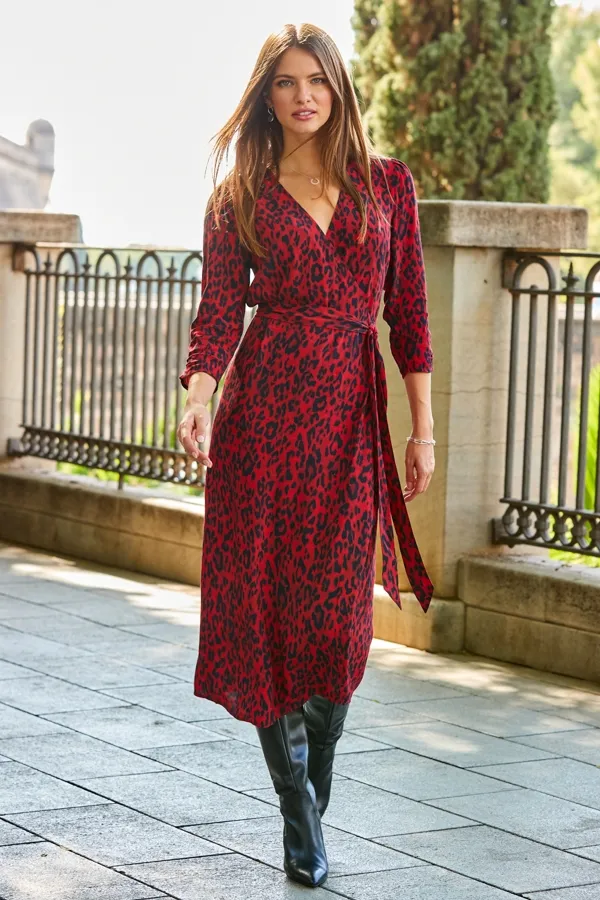 Red Animal Print Ruched Sleeve Midi Wrap Dress