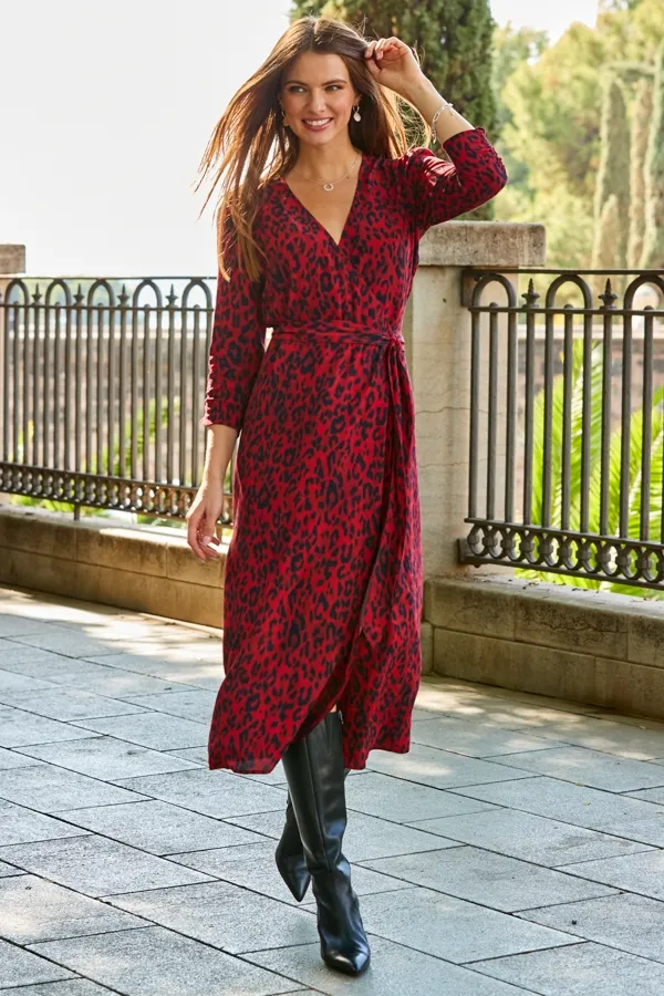 Red Animal Print Ruched Sleeve Midi Wrap Dress