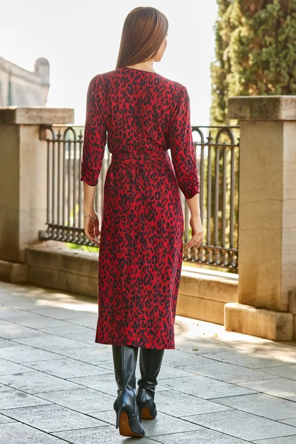 Red Animal Print Ruched Sleeve Midi Wrap Dress