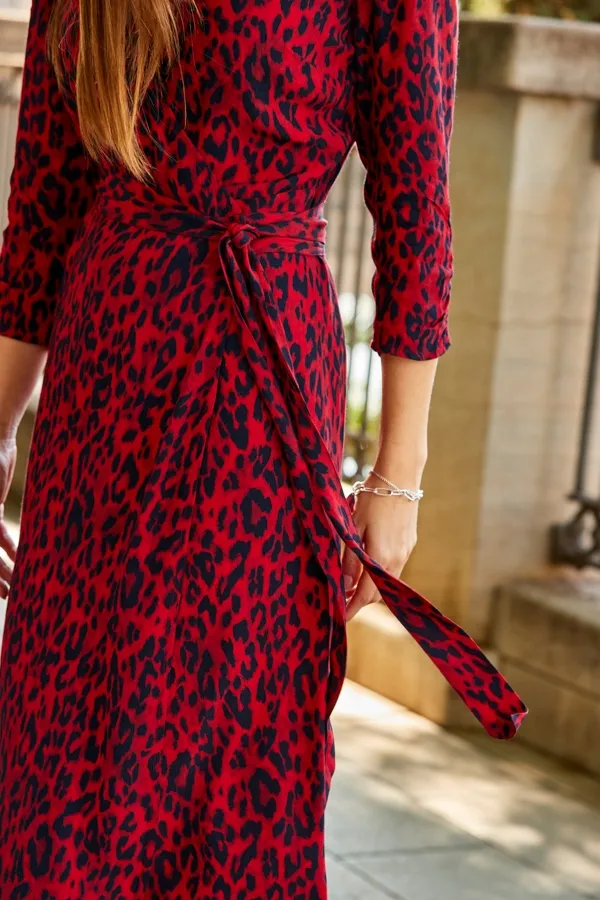 Red Animal Print Ruched Sleeve Midi Wrap Dress