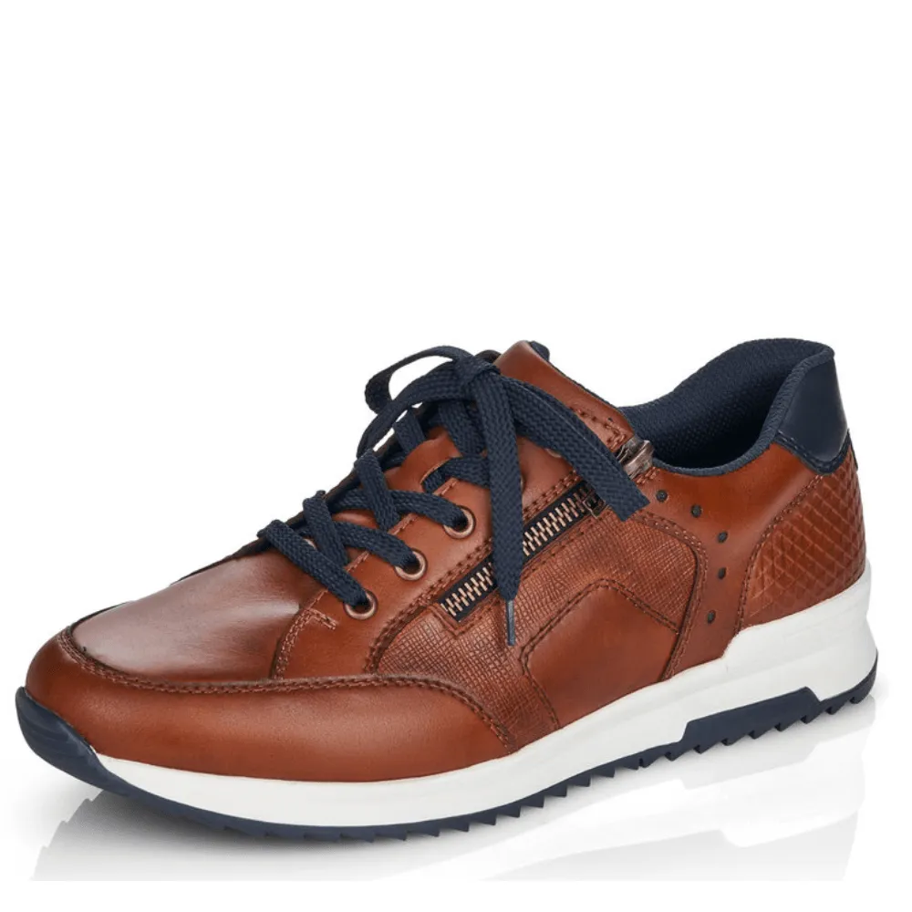 Rieker 16128 Mens Tan and Navy Side Zip Trainers