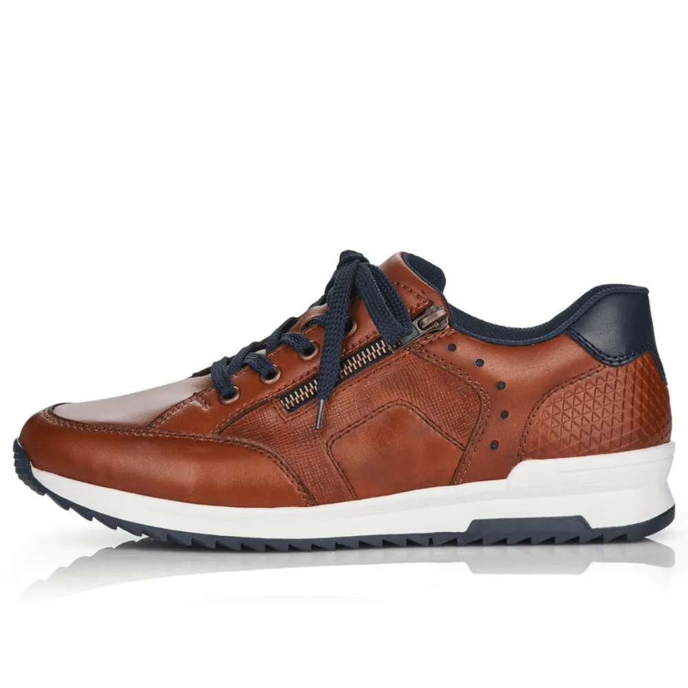 Rieker 16128 Mens Tan and Navy Side Zip Trainers