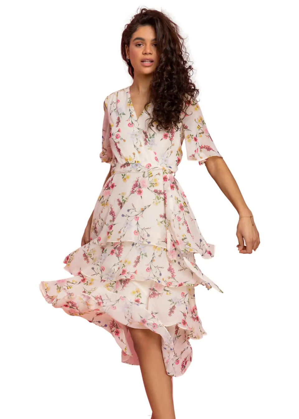 Roman Cream Floral Chiffon Frill Tiered Wrap Midi Dress