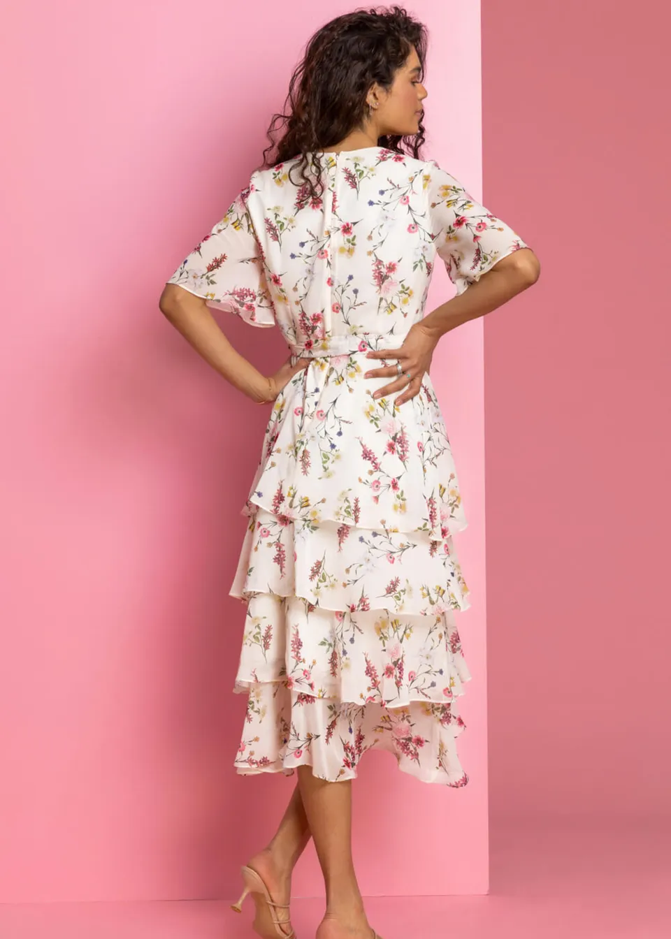 Roman Cream Floral Chiffon Frill Tiered Wrap Midi Dress