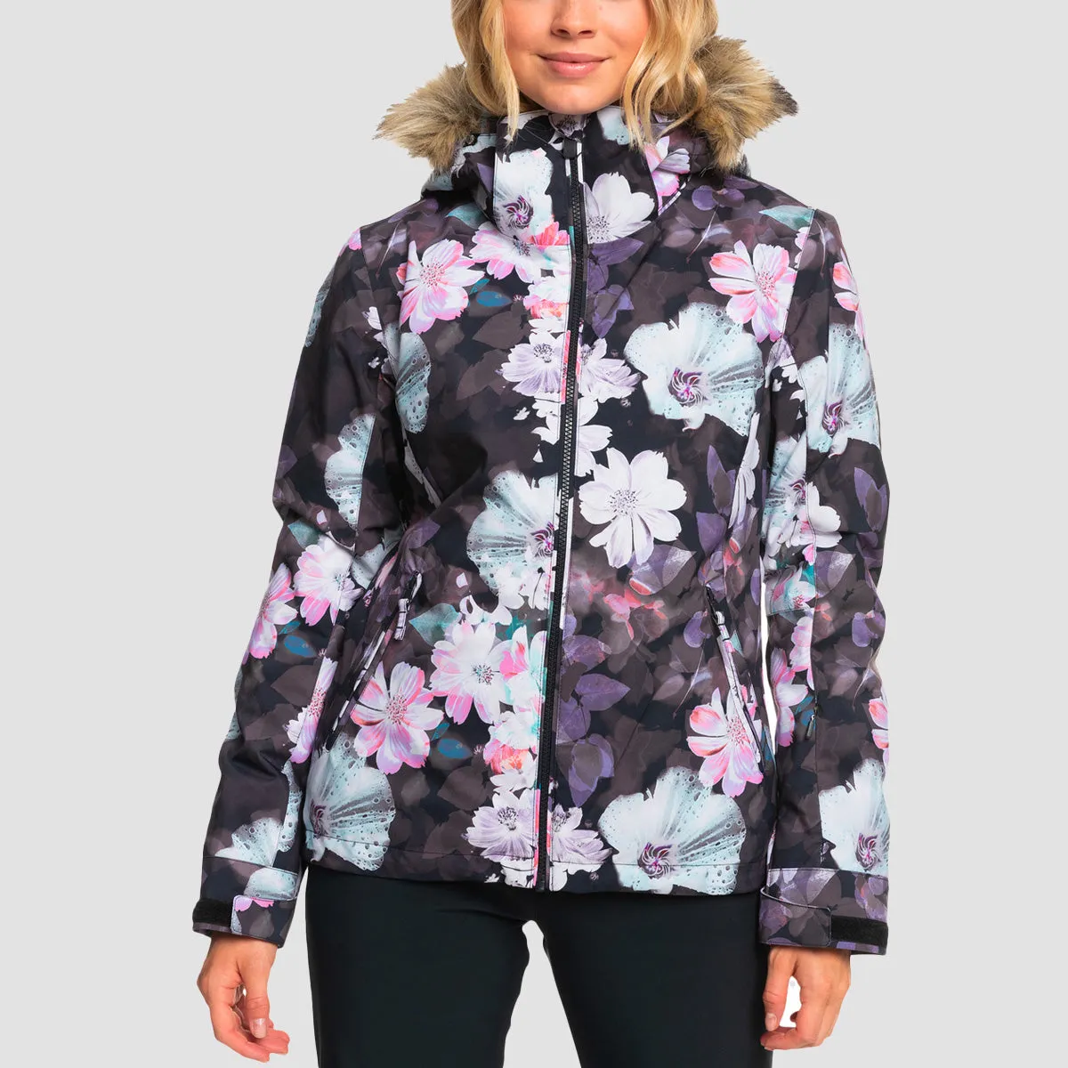 Roxy Jet Ski 10K Snow Jacket True Black Blurry Flower - Womens