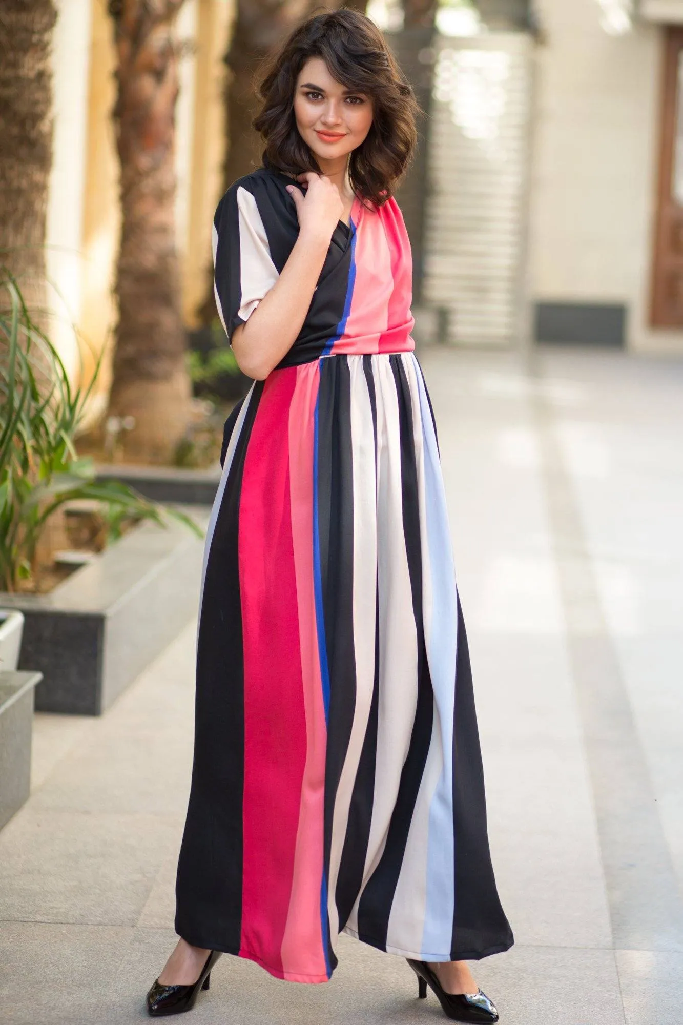 Royal Stripe Cotton Blend Maternity & Nursing Wrap Dress