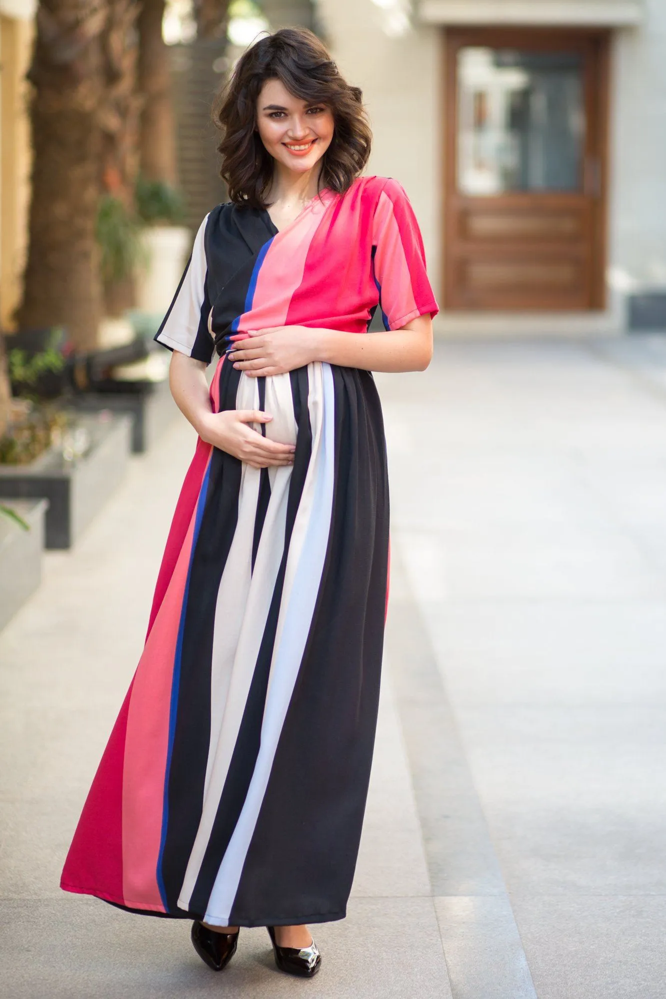 Royal Stripe Cotton Blend Maternity & Nursing Wrap Dress