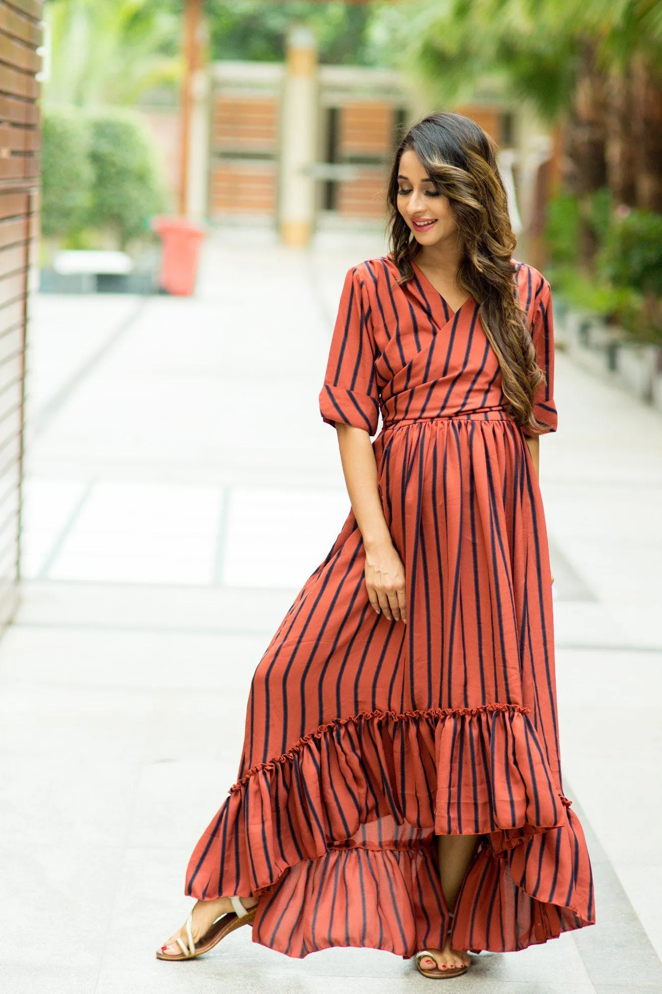 Rust Striped Hi-Low Frill Wrap Dress