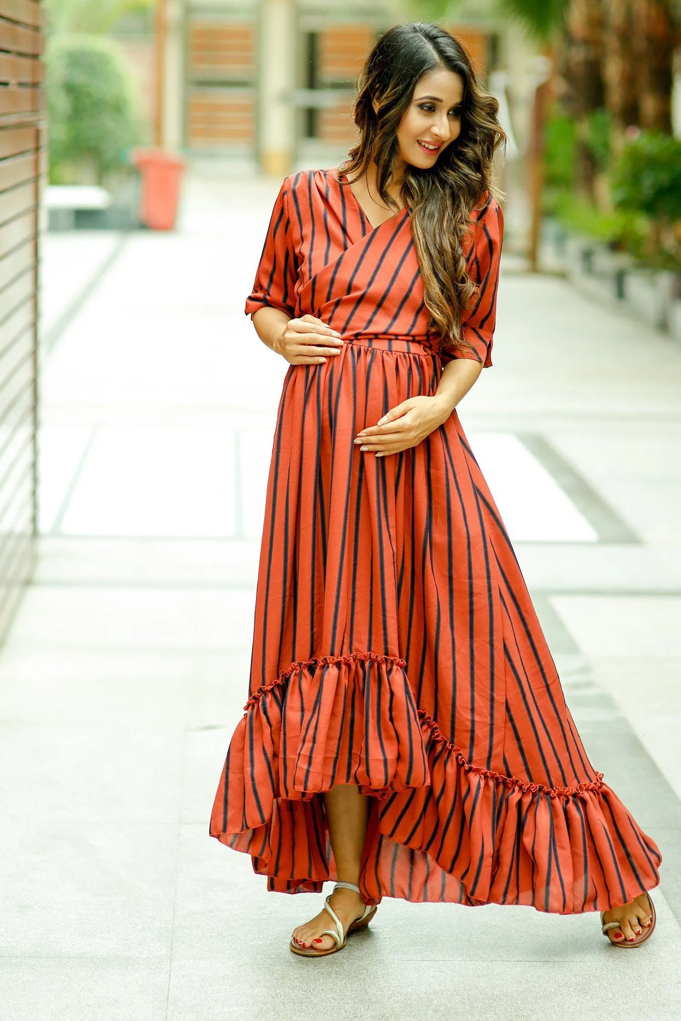 Rust Striped Hi-Low Frill Wrap Dress