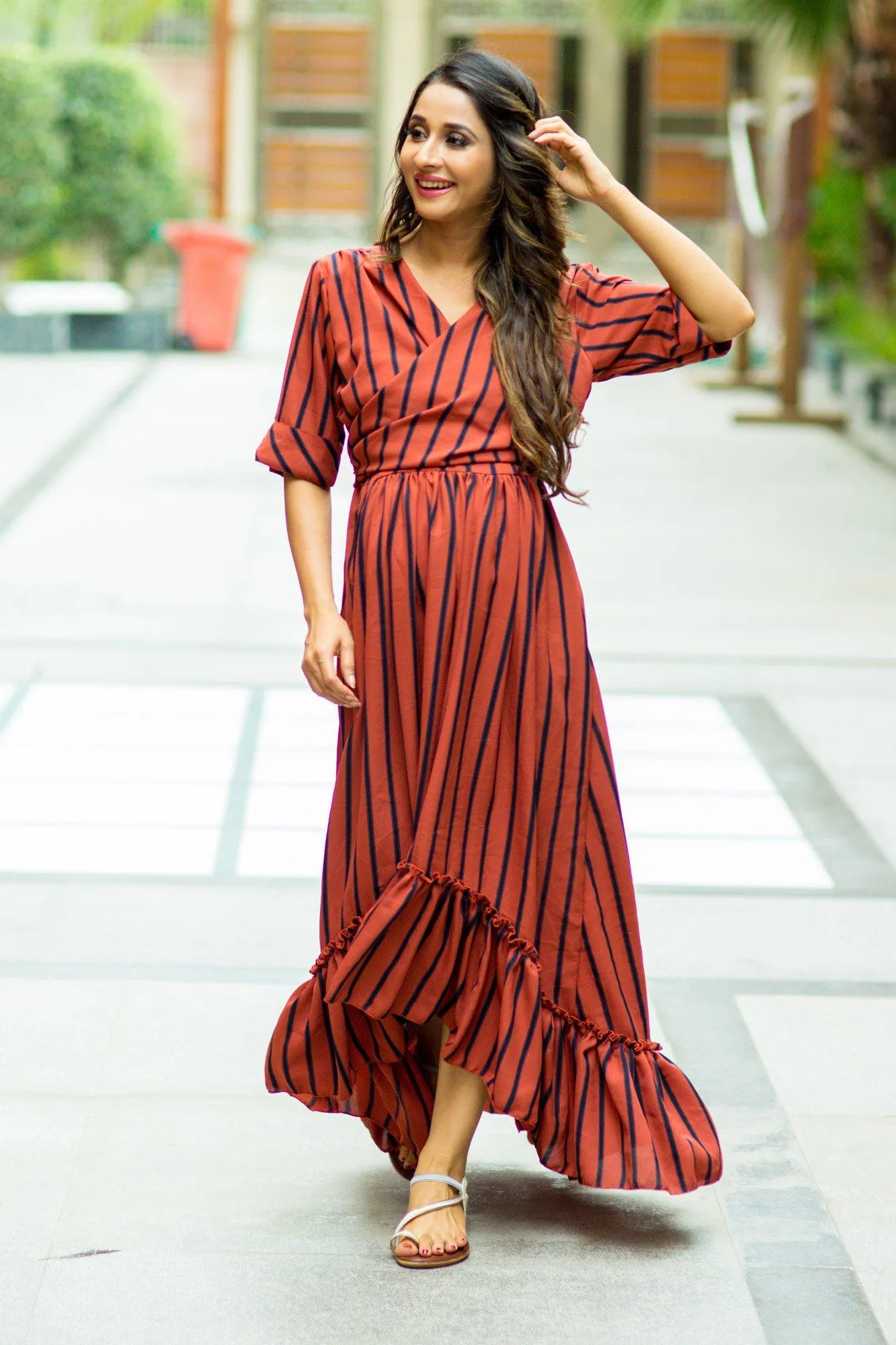 Rust Striped Hi-Low Frill Wrap Dress