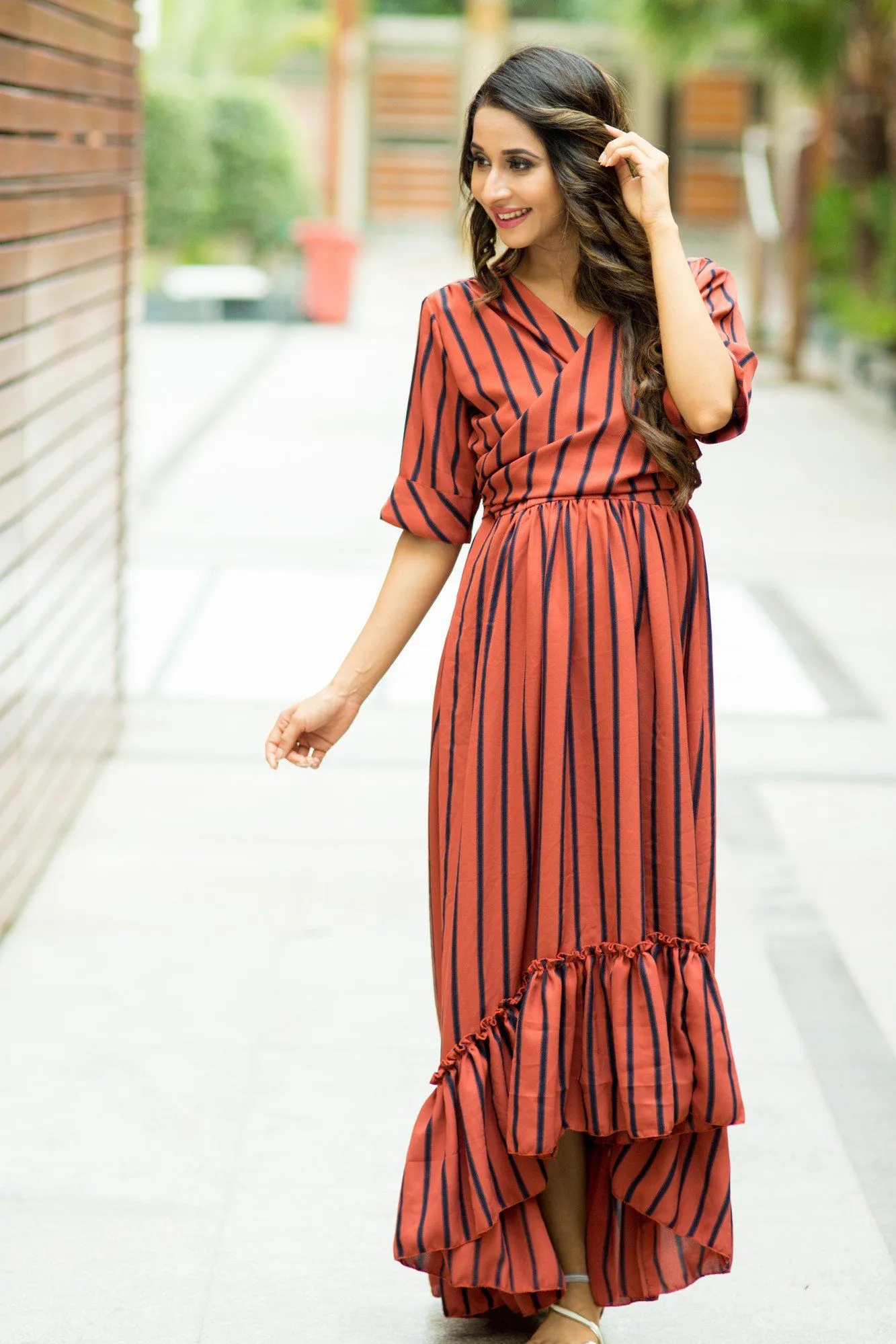 Rust Striped Hi-Low Frill Wrap Dress