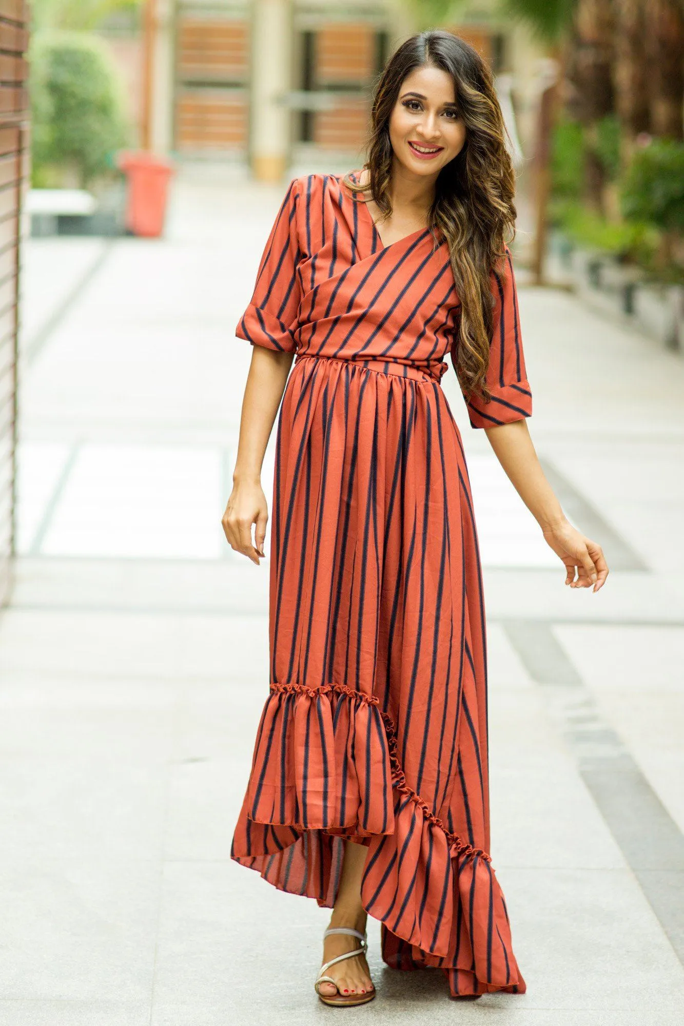 Rust Striped Hi-Low Frill Wrap Dress