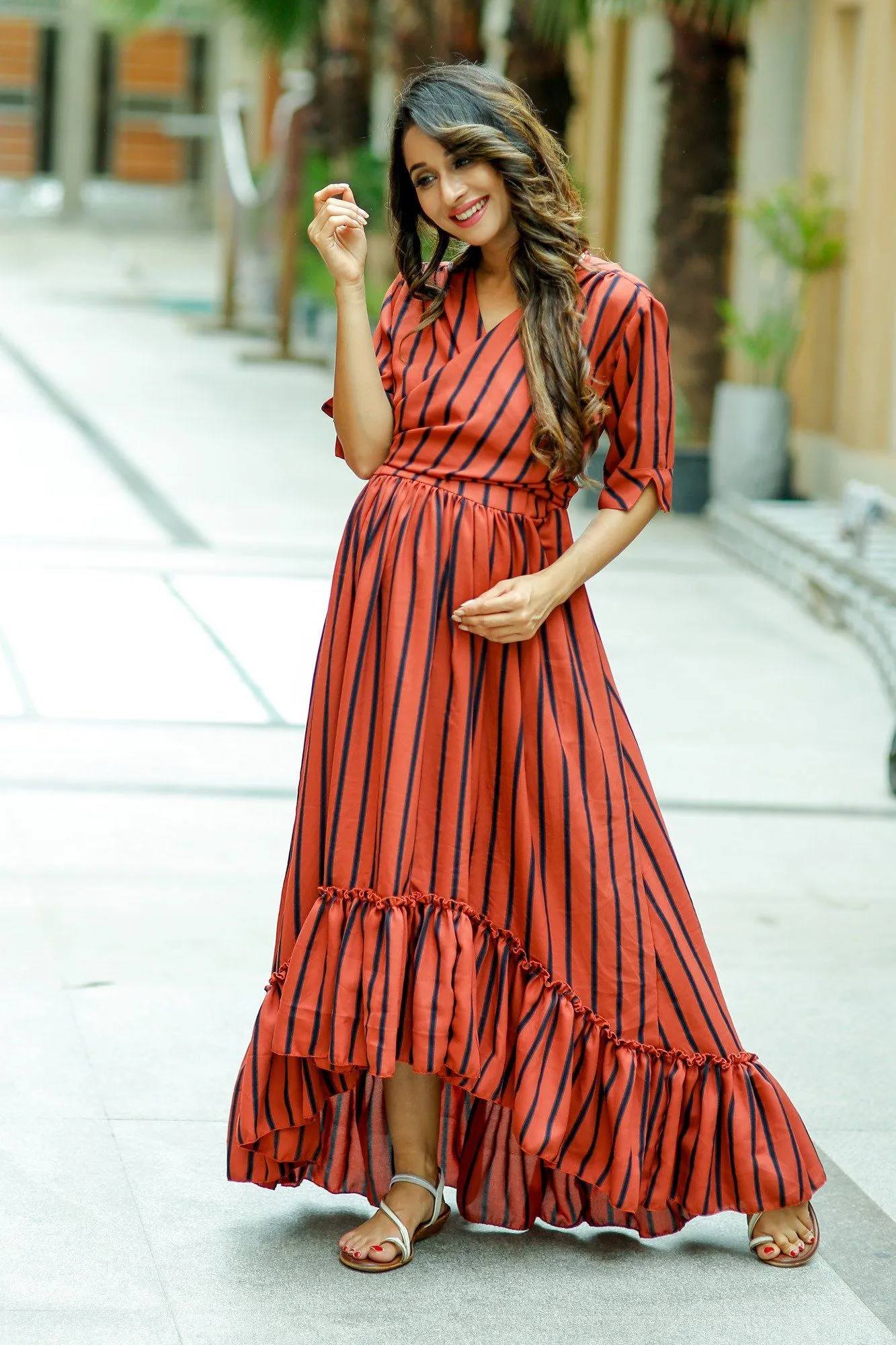 Rust Striped Hi-Low Frill Wrap Dress