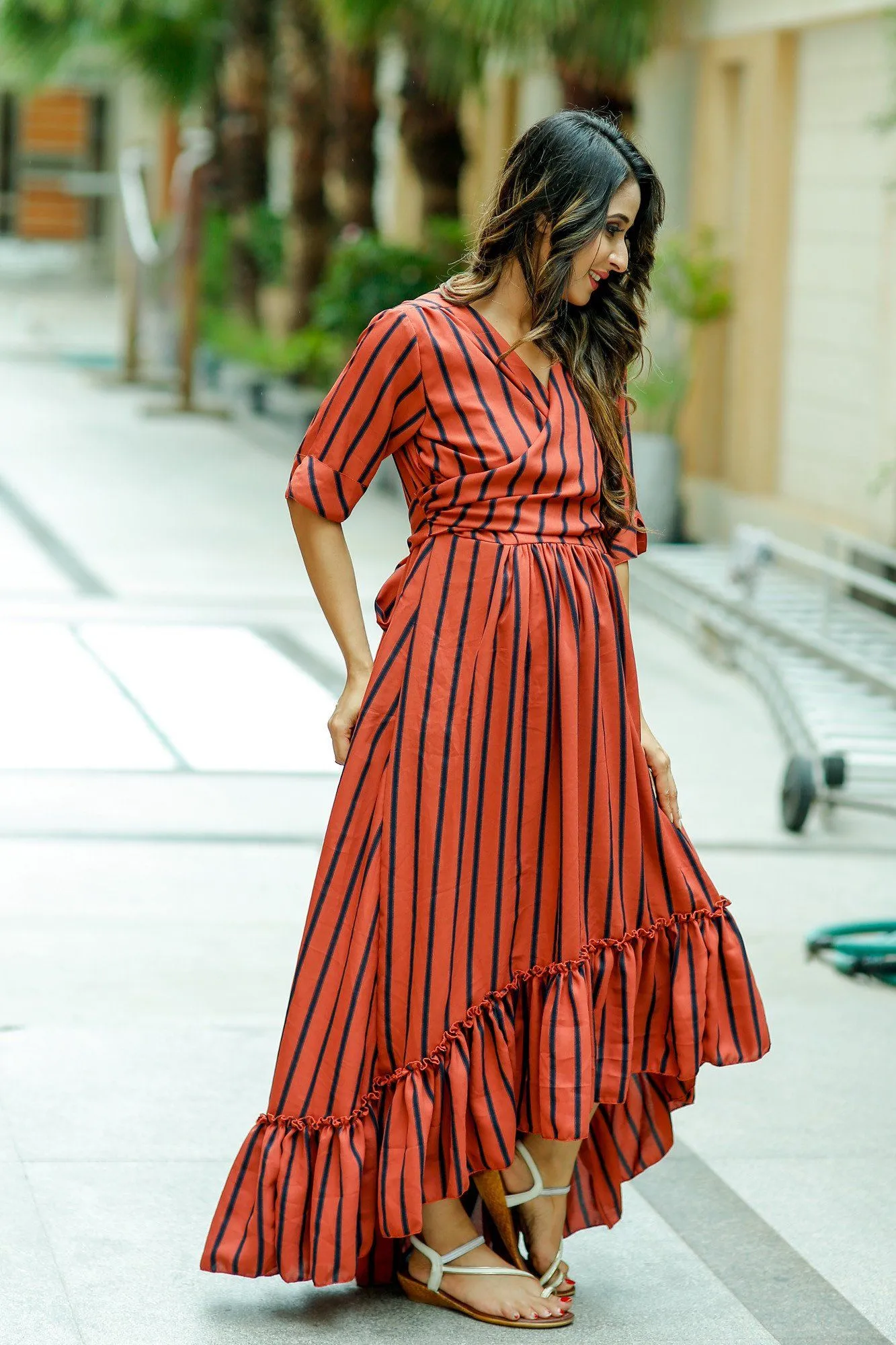 Rust Striped Hi-Low Frill Wrap Dress