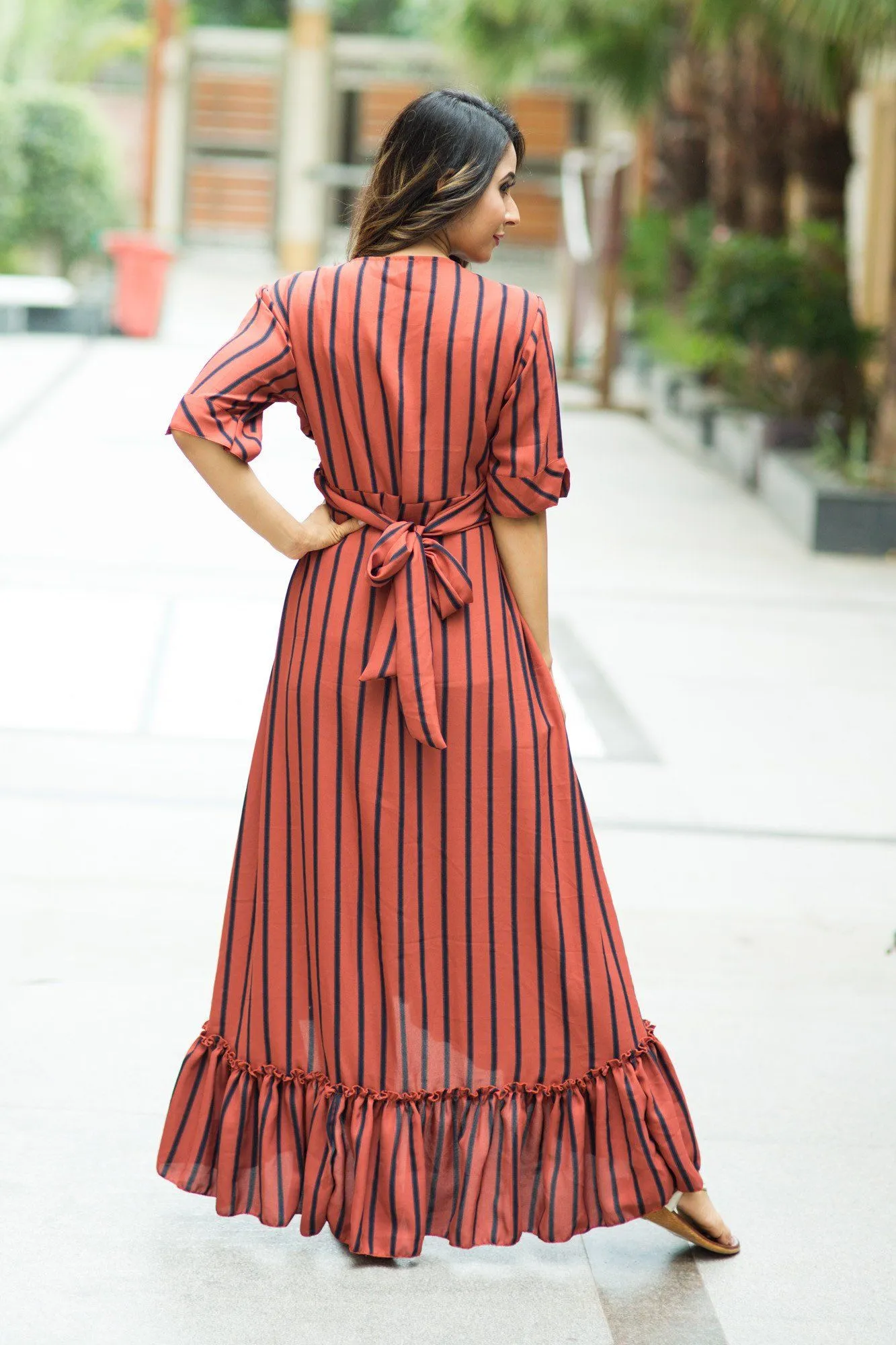 Rust Striped Hi-Low Frill Wrap Dress